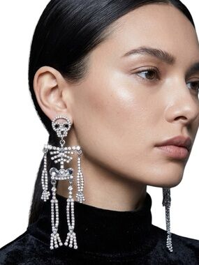 Rhinestone Skeleton Drop Earrings Crystal Skull Gothic Halloween Statement